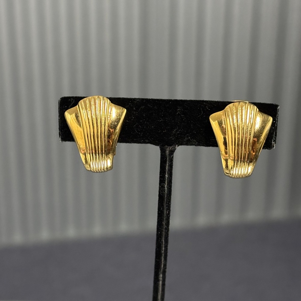 Kenneth Jay Lane Earrings Women Gold Tone Clip On Sculptural Folded Fan Vintage